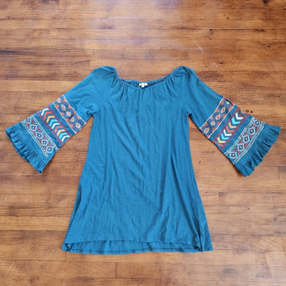 Scully Western Boho Floral Embroidered Teal Bohemian Bell Sleeve Mini Dress Sz L